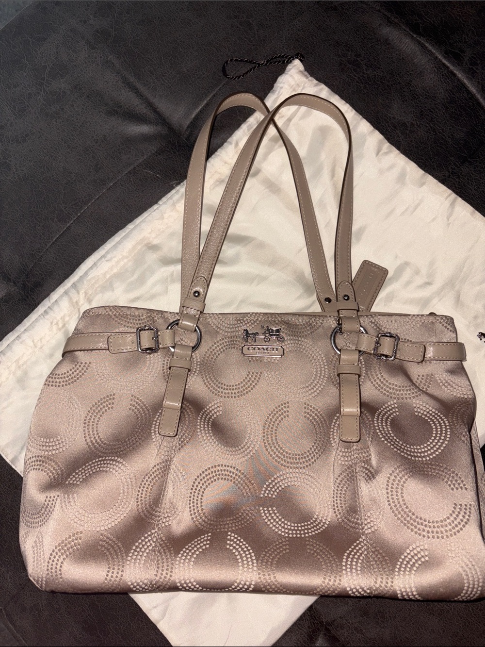 Coach Satin Circle Pattern Shoulder Bag in Taupe